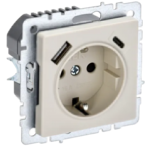 IEK BRITE Розетка 1-местная с заземлением с защитными шторками 16А с USB A+C 18Вт РЮш11-1-БрКр бежевый (BR-R14-16-U22-018-K10)