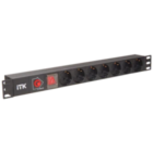 IEK ITK PDU 7 розеток нем. стандарт, с LED выключателем,1U, без шнура, вх. C14, алюминиевый профиль (PH12-7D3)